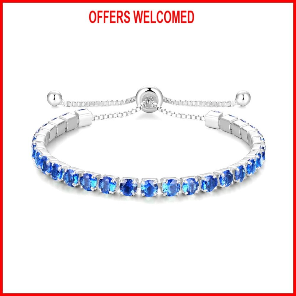 Sterling Silver Birthstone Tennis Bracelet Adjustable Bolo Style